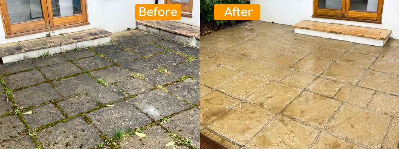 Back garden patio power washed in Carshalton